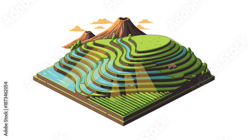 Isometric landscape with terraced fields and volcanoes in a 3d style