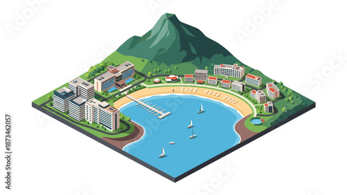 Seaside resort with mountain and marina in isometric design