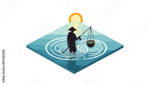 Tranquil fisherman at sunset on water with ripples in isometric style