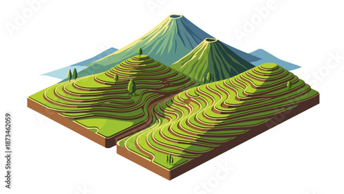 Isometric terraced hills and mountains landscape with 3d depth and detailed greenery