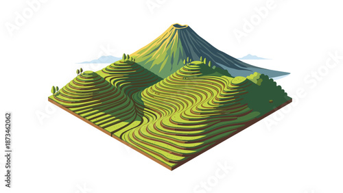 Isometric landscape with mountain and terraced hills