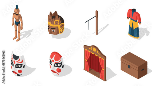 Isometric theater elements: masks, costumes, and stage props in 3d