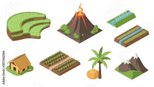 Isometric island elements: volcano, rice field, mountains, and plantation designs