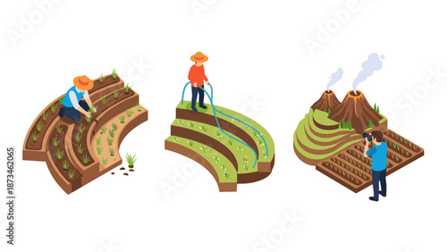 Isometric farming scenes: terraced fields, irrigation, and volcanic landscapes
