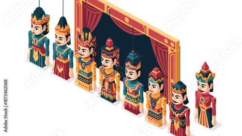 Isometric traditional puppet show with colorful characters and decorative elements