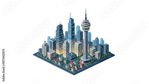 Isometric cityscape with skyscrapers and iconic tower in urban setting