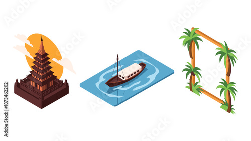 Isometric southeast asian architecture, traditional boat, and tropical palm frame
