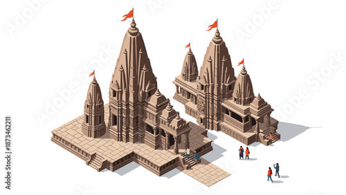 Isometric ancient temple architecture with people and flags on white background