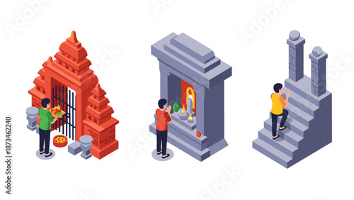 Isometric cultural heritage scenes with people at historic sites