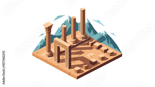 Ancient ruins isometric temple with mountains and columns