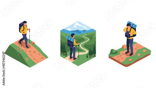 Hiking adventure isometric set with backpacker characters and nature landscapes