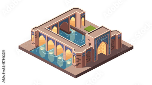 Isometric medieval bridge with reflections and stone arches