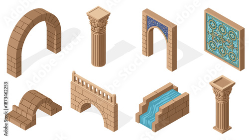 Ancient architectural elements collection featuring isometric columns, arches, and decorative tiles
