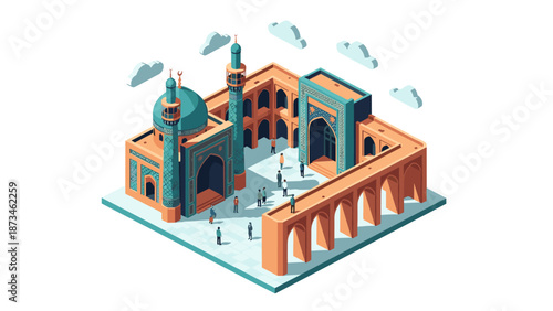 Isometric mosque architecture with people gathering in courtyard under cloudy sky