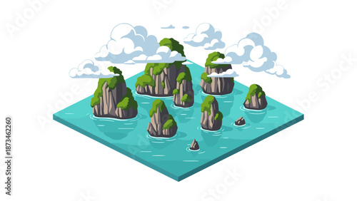 Isometric coastal landscape with cliffs and clouds in a calm sea