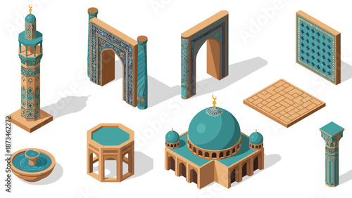 Isometric elements of islamic architecture with towers, arches, and domes