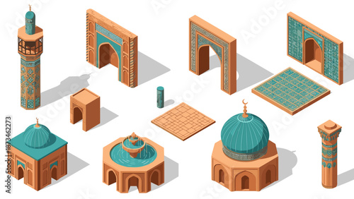 Isometric islamic architecture set featuring domes and minarets with intricate tile patterns