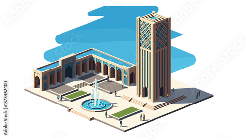 Isometric urban park with modern tower and fountain design
