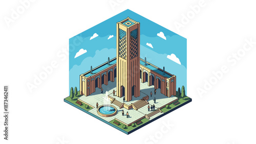 Isometric cityscape with modern architectural landmark and courtyard