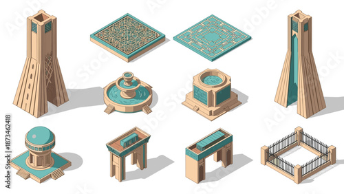 Isometric middle eastern architecture icons with ornamental patterns