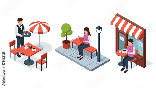 Charming isometric cafe scenes featuring outdoor seating and relaxing patrons