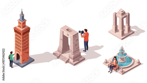 Isometric city exploration: monuments, towers, and travelers in urban landscape