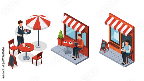 Charming isometric outdoor cafes with people relaxing and dining