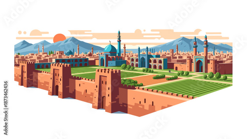 Historic middle eastern cityscape with sunlit skyline and scenic mountains in flat design style