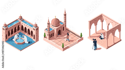 Isometric middle eastern architecture with people interacting in a courtyard and mosque setting