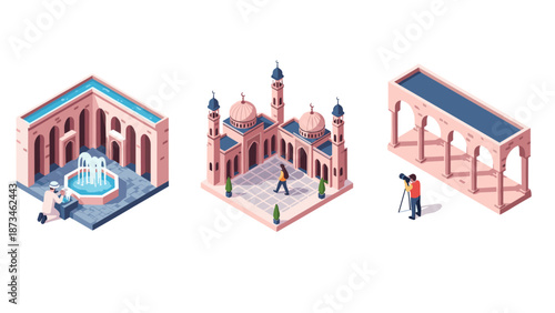 Isometric architecture: mosque, fountain, and photographer scenes