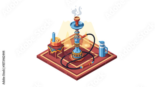 Colorful isometric hookah set with smoking accessories on decorative tray