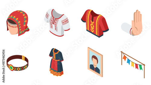 Traditional ukrainian clothing and culture isometric set
