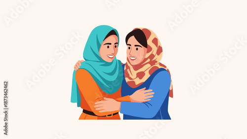 Two women in hijabs embracing each other with smiles in colorful flat design