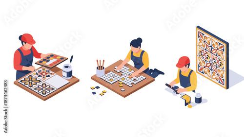 Creative crafting: artists engaging in diy ceramic tile paint projects in isometric style