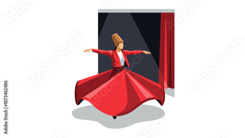 Whirling dervish dancing in red attire with modern geometric art style