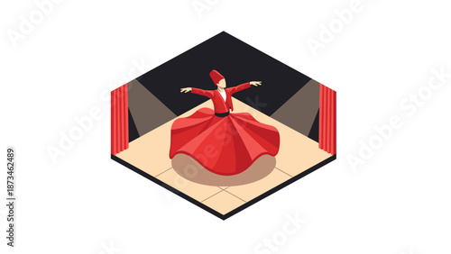 Whirling dervish dance in vibrant isometric design on stage