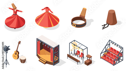 Isometric dervish dance elements with musical instruments and stage setup