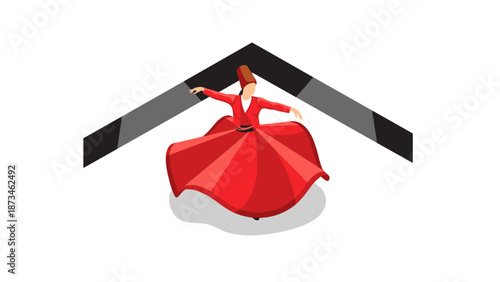 Elegant whirling dancer in red flowing dress in isometric style
