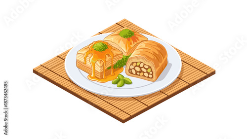 Isometric baklava and pastries on wooden mat with honey drizzle