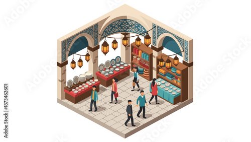 Traditional market scene with shoppers in vibrant isometric design