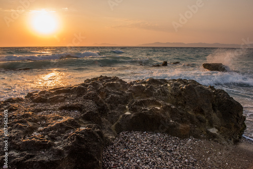 Aegean sea sunset beach sea Rhodes, Greece