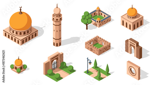 Isometric middle eastern architecture set with domes and minarets