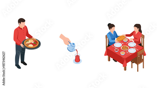 Isometric family dining concept with people sharing meals and drinks