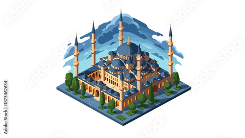 Detailed isometric view of iconic mosque with minarets and cloudy sky