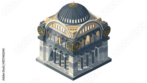 Isometric architectural landmark with intricate islamic design and dome
