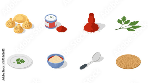 Isometric georgian cuisine icons: khinkali, paprika, parsley, sifter, traditional ingredients