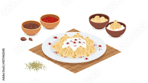 Delicious isometric khinkali dumplings with spices and sauces on bamboo mat