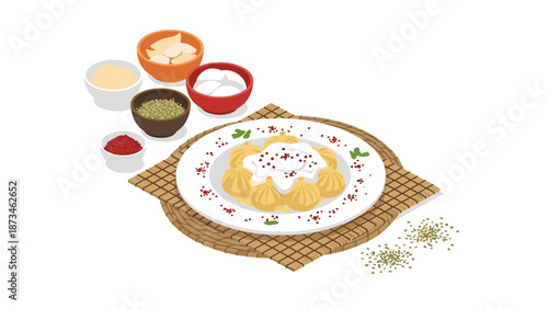 Traditional dumplings served with assorted spices and dips on a rustic mat