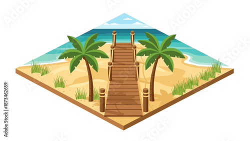Tropical beach island with wooden pier and palm trees in soft gradient style