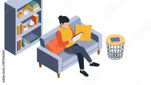 Isometric living room scene with person using tablet on couch